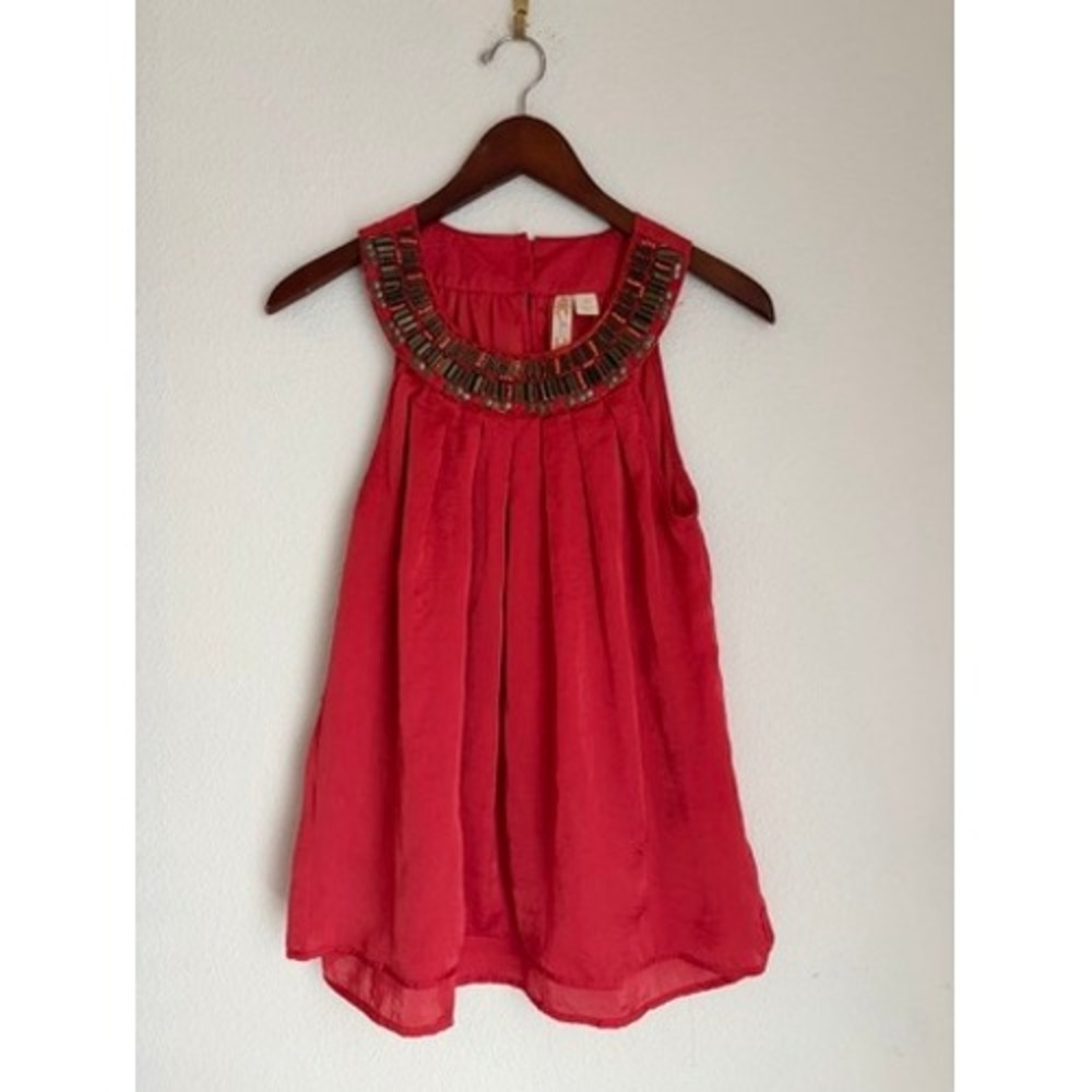 Adiva Red Beaded Neckline‎ Sleeveless Pleated Blouse Top Womens Medium Boho Red